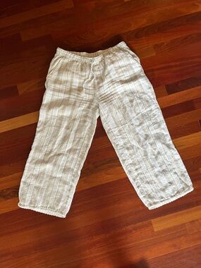 Garnet Hill Striped Lace Trim Linen Pull-On Linen Pants Tan Sz 8